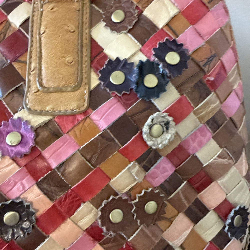 Handmade Woven Multi Color Leather Bohemian Bag with Flower Appliqué Accent - Picture 3 of 9